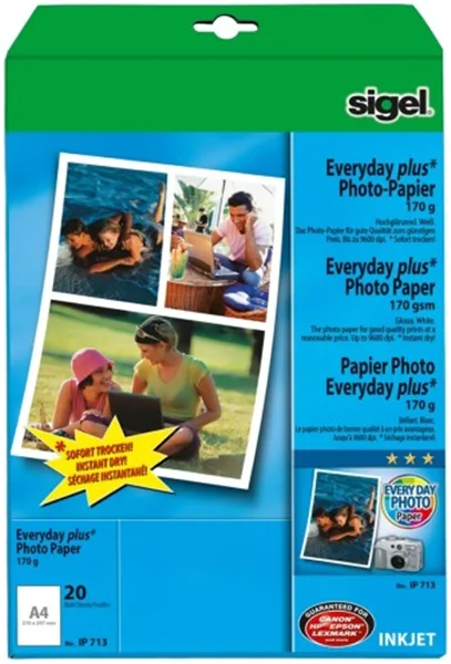 Foto-Glossy-Papier 20x A4-170g, hochglänzend, sigel, für Tintenstrahlgeräte