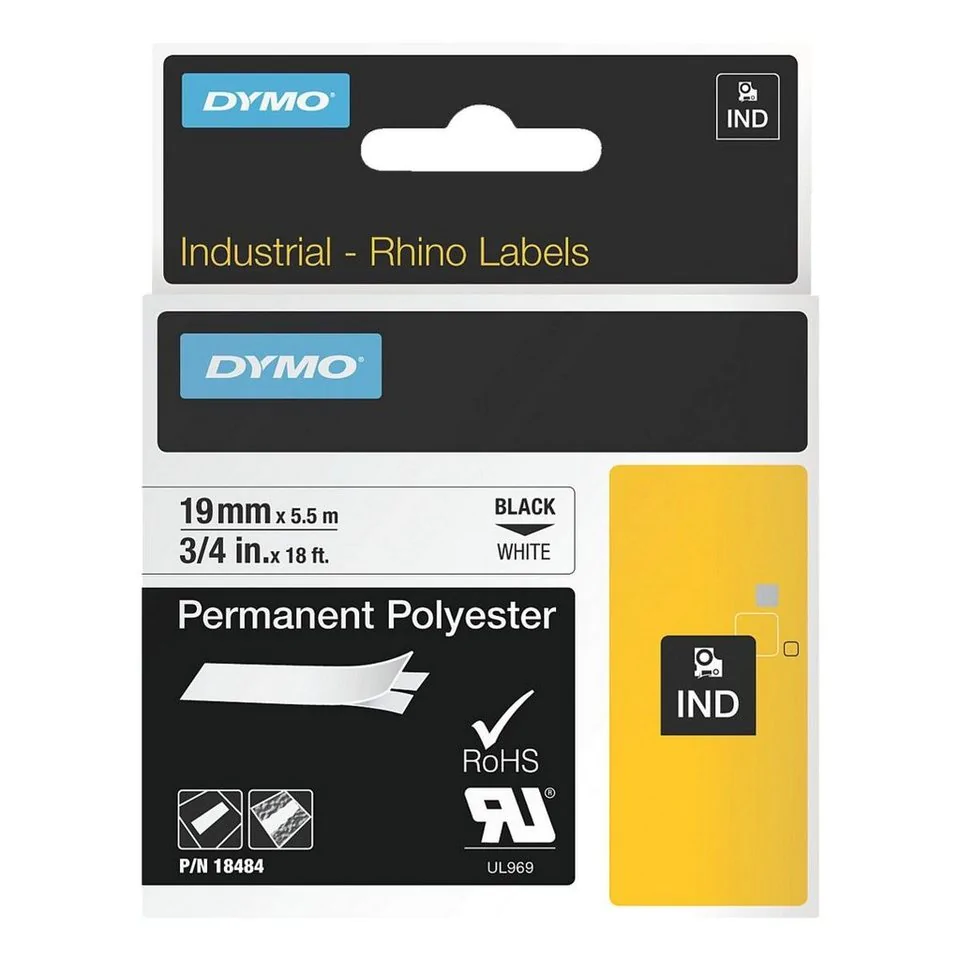 Original Beschriftungsband Dymo 18484 / 18765, 19mm x 5,5m, schwarz auf weiß