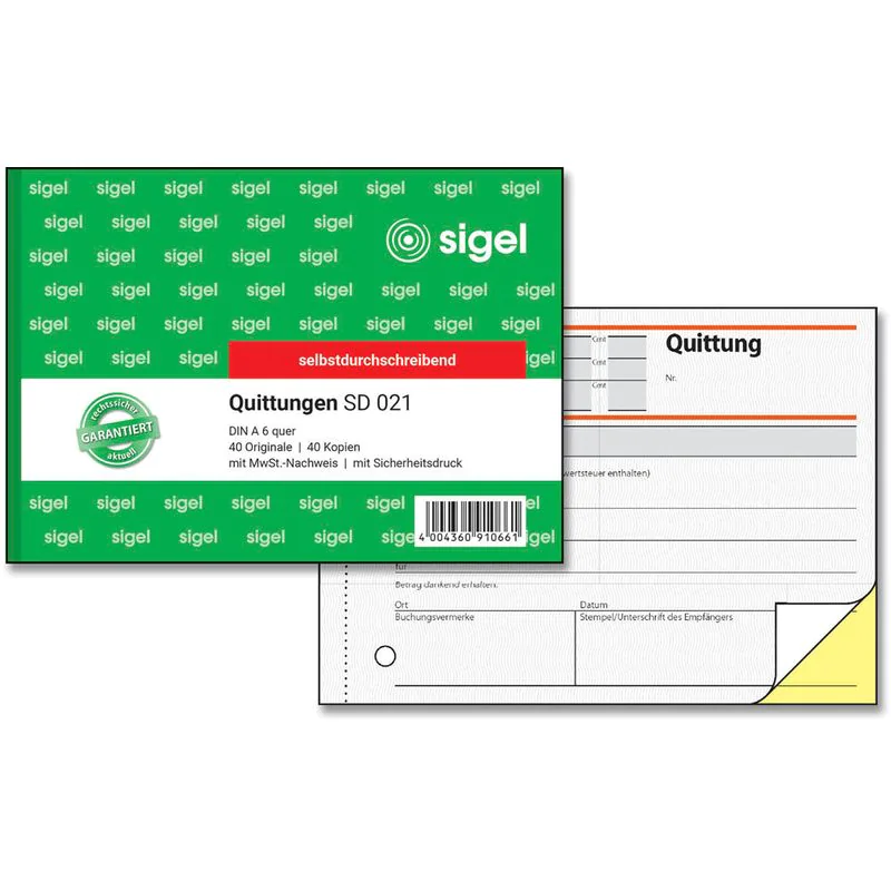 Formularblock Quittung A6 quer 2x40 Bl. sigel durschschreibend Sicherheitsdruck