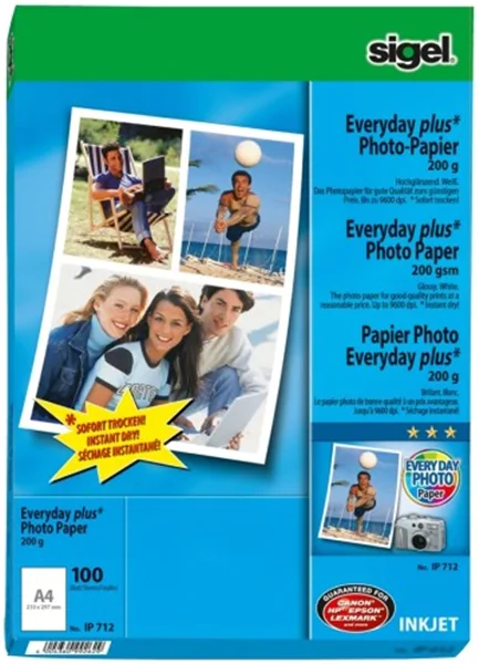 Foto-Glossy-Papier 100x A4-200g, hochglänzend, sigel, für Tintenstrahlgeräte